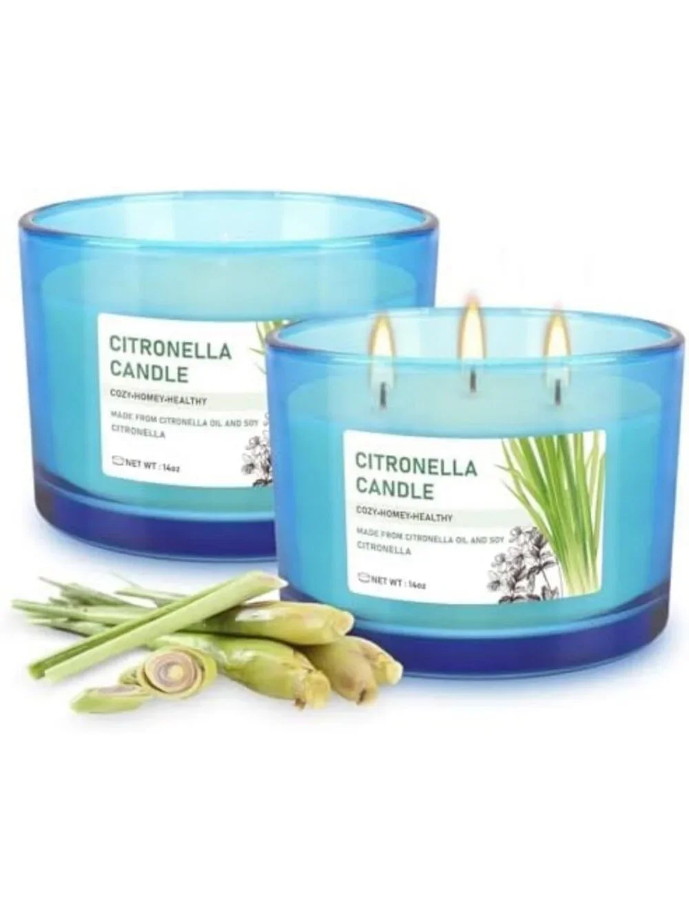 Set of 2 Large 14oz 3-Wick Citronella Candles for Outdoor & Indoor Use